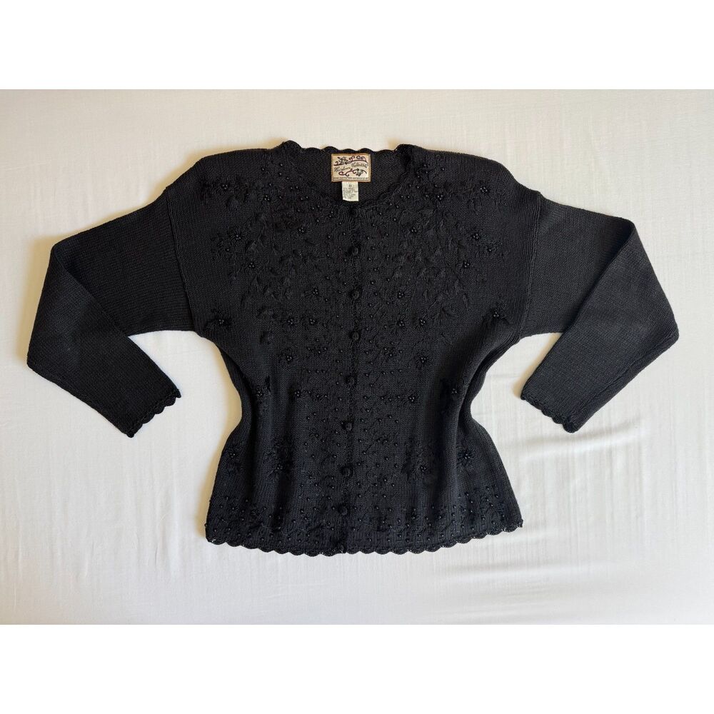 Vintage 90's Black Floral Beaded Knit Cardigan | Size Medium